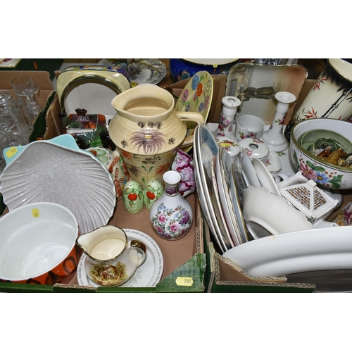 580 - TWO BOXES AND LOOSE CERAMICS, comprising a large Lladro table lamp depicting a boy clown and girl ba... 