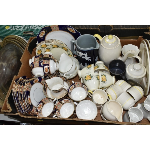 581 - SIX BOXES OF CERAMICS, GLASS AND KITCHENWARE, including Burleigh Ware triangle plate 733380, vintage... 