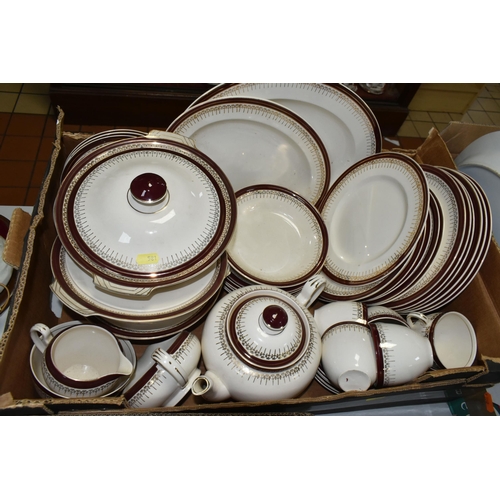 581 - SIX BOXES OF CERAMICS, GLASS AND KITCHENWARE, including Burleigh Ware triangle plate 733380, vintage... 