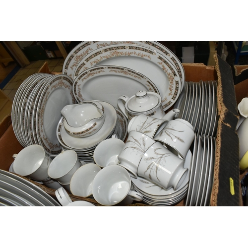 581 - SIX BOXES OF CERAMICS, GLASS AND KITCHENWARE, including Burleigh Ware triangle plate 733380, vintage... 