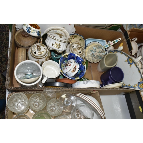 581 - SIX BOXES OF CERAMICS, GLASS AND KITCHENWARE, including Burleigh Ware triangle plate 733380, vintage... 