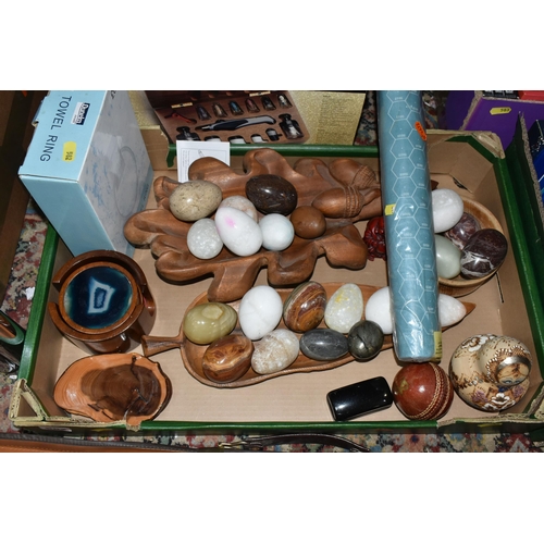 582 - THREE BOXES AND LOOSE MISCELLANEOUS SUNDRIES, including a large quantity of marble/onyx style decora... 