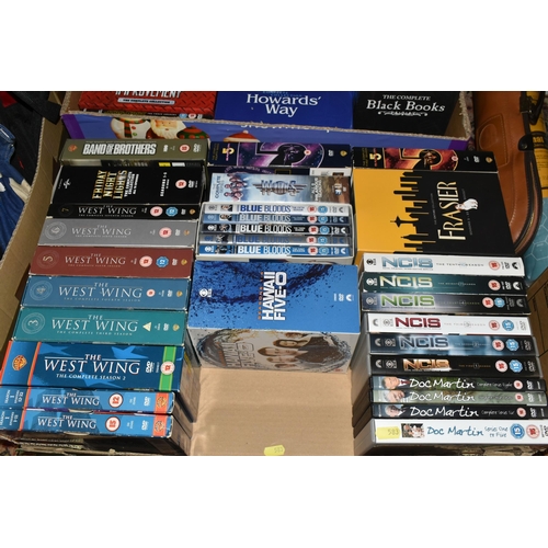 583 - FOUR BOXES AND LOOSE DVDs AND CDs, including The Ultimate Babylon 5 Collection in a presentation box... 