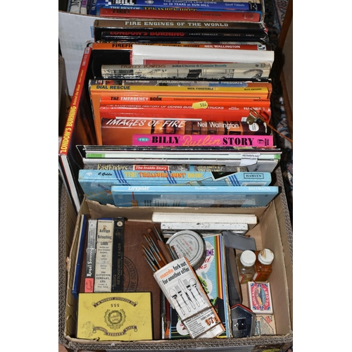 584 - FOUR BOXES AND LOOSE MISCELLANEOUS SUNDRIES, books include subjects on the fire service, cats and ma... 