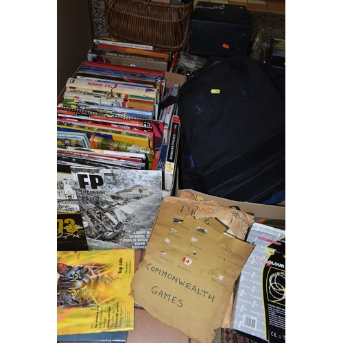 584 - FOUR BOXES AND LOOSE MISCELLANEOUS SUNDRIES, books include subjects on the fire service, cats and ma... 