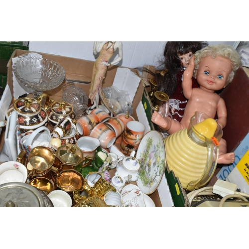 587 - TWO BOXES AND LOOSE CERAMICS, BRASS AND COLLECTORS DOLLS ETC, to include Lancashire Rose Imari patte... 