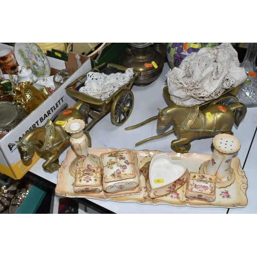 587 - TWO BOXES AND LOOSE CERAMICS, BRASS AND COLLECTORS DOLLS ETC, to include Lancashire Rose Imari patte... 