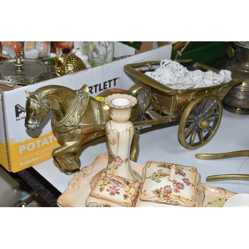 587 - TWO BOXES AND LOOSE CERAMICS, BRASS AND COLLECTORS DOLLS ETC, to include Lancashire Rose Imari patte... 