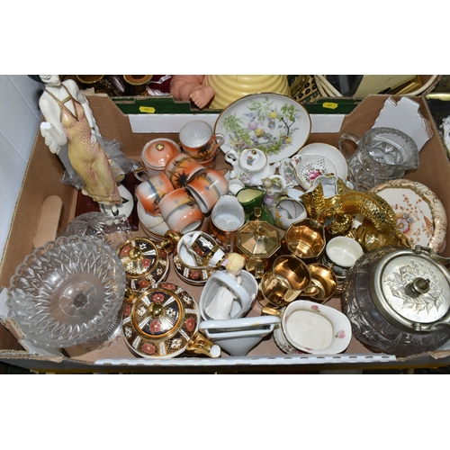 587 - TWO BOXES AND LOOSE CERAMICS, BRASS AND COLLECTORS DOLLS ETC, to include Lancashire Rose Imari patte... 