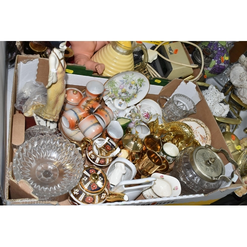 587 - TWO BOXES AND LOOSE CERAMICS, BRASS AND COLLECTORS DOLLS ETC, to include Lancashire Rose Imari patte... 