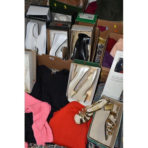 588 - SIX BOXES AND LOOSE WOMENS CLOTHING ETC, to include ten pairs of lightly used ladies shoes sizes 7-8... 