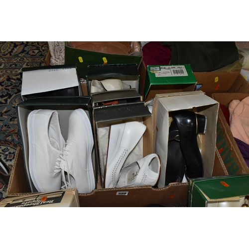 588 - SIX BOXES AND LOOSE WOMENS CLOTHING ETC, to include ten pairs of lightly used ladies shoes sizes 7-8... 