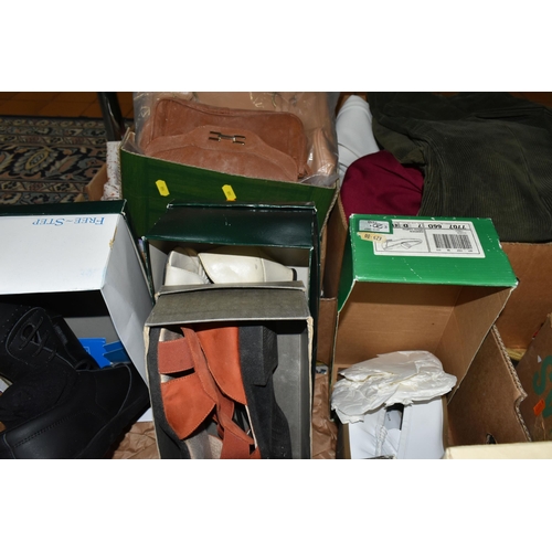 588 - SIX BOXES AND LOOSE WOMENS CLOTHING ETC, to include ten pairs of lightly used ladies shoes sizes 7-8... 