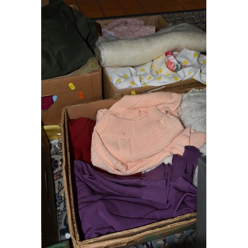 588 - SIX BOXES AND LOOSE WOMENS CLOTHING ETC, to include ten pairs of lightly used ladies shoes sizes 7-8... 