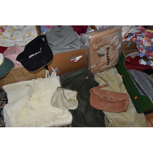 588 - SIX BOXES AND LOOSE WOMENS CLOTHING ETC, to include ten pairs of lightly used ladies shoes sizes 7-8... 