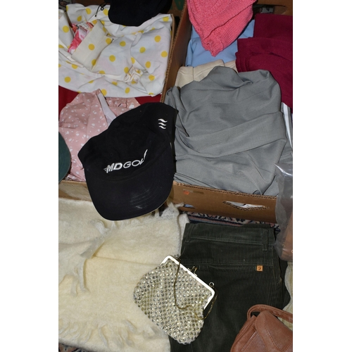 588 - SIX BOXES AND LOOSE WOMENS CLOTHING ETC, to include ten pairs of lightly used ladies shoes sizes 7-8... 