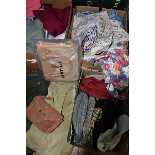 588 - SIX BOXES AND LOOSE WOMENS CLOTHING ETC, to include ten pairs of lightly used ladies shoes sizes 7-8... 