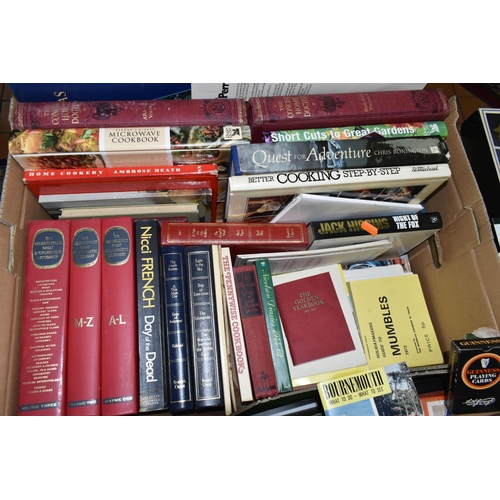 589 - THREE BOXES, TWO CASES  AND LOOSE BOOKS, RECORDS AND SUNDRY ITEMS ETC. books include cookery, garden... 