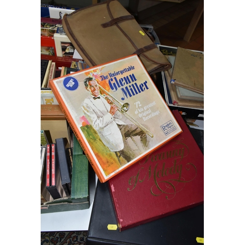 589 - THREE BOXES, TWO CASES  AND LOOSE BOOKS, RECORDS AND SUNDRY ITEMS ETC. books include cookery, garden... 