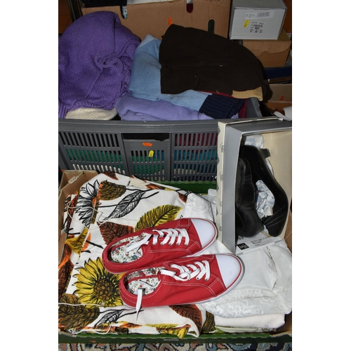 590 - SEVEN BOXES OF LADIES CLOTHING AND SHOES ETC. shoes are sizes 7-8, to include skirts, jumpers, and b... 