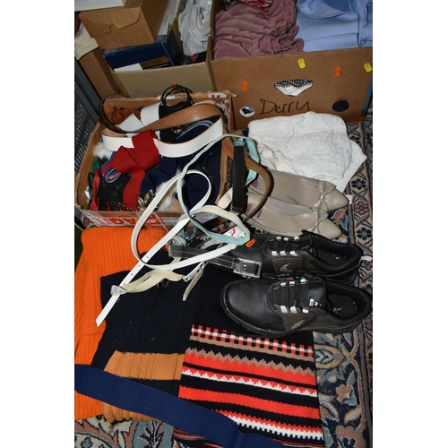 590 - SEVEN BOXES OF LADIES CLOTHING AND SHOES ETC. shoes are sizes 7-8, to include skirts, jumpers, and b... 