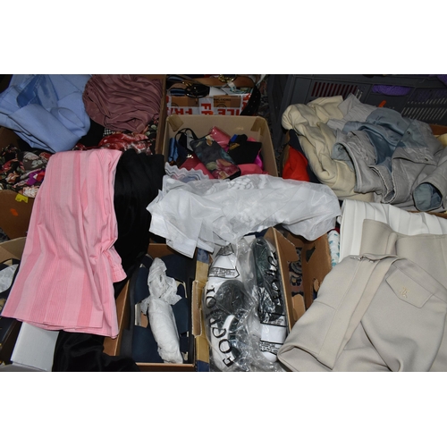 590 - SEVEN BOXES OF LADIES CLOTHING AND SHOES ETC. shoes are sizes 7-8, to include skirts, jumpers, and b... 