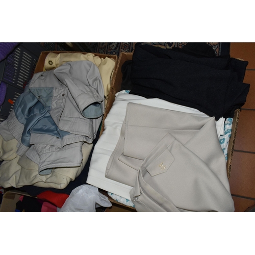 590 - SEVEN BOXES OF LADIES CLOTHING AND SHOES ETC. shoes are sizes 7-8, to include skirts, jumpers, and b... 