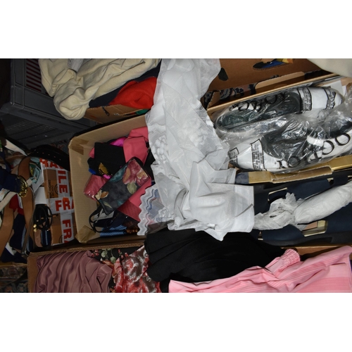 590 - SEVEN BOXES OF LADIES CLOTHING AND SHOES ETC. shoes are sizes 7-8, to include skirts, jumpers, and b... 