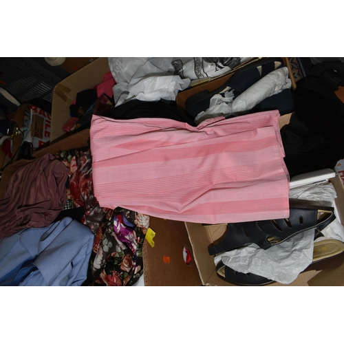 590 - SEVEN BOXES OF LADIES CLOTHING AND SHOES ETC. shoes are sizes 7-8, to include skirts, jumpers, and b... 