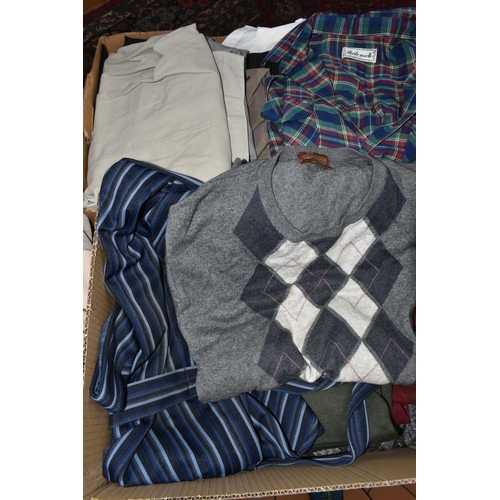 591 - FOUR BOXES AND LOOSE GENTLEMENS CLOTHING, to include sweaters, neck ties, shirts and trousers, jacke... 