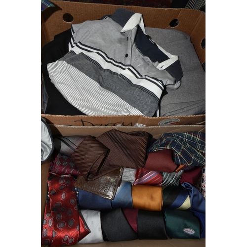 591 - FOUR BOXES AND LOOSE GENTLEMENS CLOTHING, to include sweaters, neck ties, shirts and trousers, jacke... 