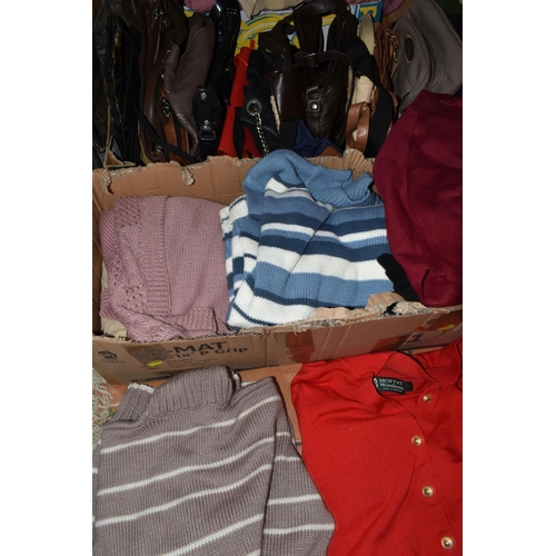 592 - SEVEN BOXES OF LADIES CLOTHING AND HANDBAGS, to include overcoats, jackets, sweaters, dresses and sk... 