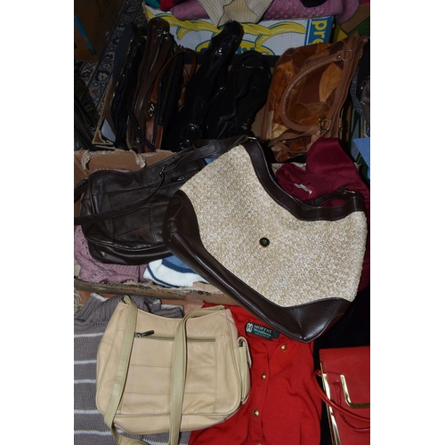 592 - SEVEN BOXES OF LADIES CLOTHING AND HANDBAGS, to include overcoats, jackets, sweaters, dresses and sk... 