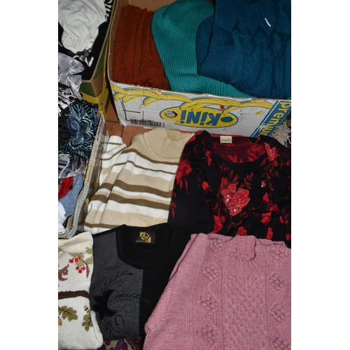 592 - SEVEN BOXES OF LADIES CLOTHING AND HANDBAGS, to include overcoats, jackets, sweaters, dresses and sk... 