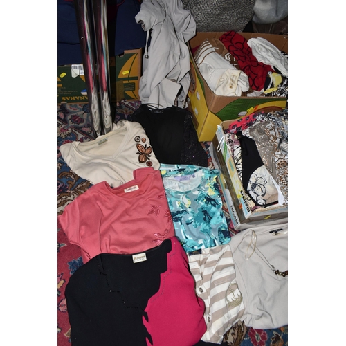 592 - SEVEN BOXES OF LADIES CLOTHING AND HANDBAGS, to include overcoats, jackets, sweaters, dresses and sk... 