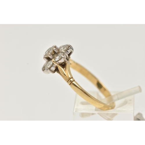 142 - AN 18CT GOLD DIAMOND CLUSTER RING, designed as a cluster of brilliant cut diamonds in claw settings,... 