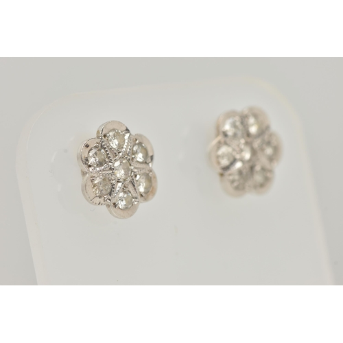 143 - A PAIR OF DIAMOND CLUSTER STUD EARRINGS, each designed as a floral cluster of brilliant cut diamonds... 