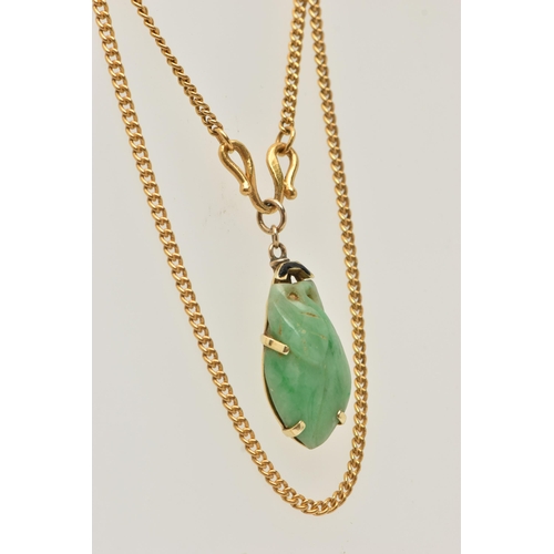 144 - A JADE PENDANT AND CHAIN, the pendant designed as a carved jade fruit in a claw mount, suspended fro... 