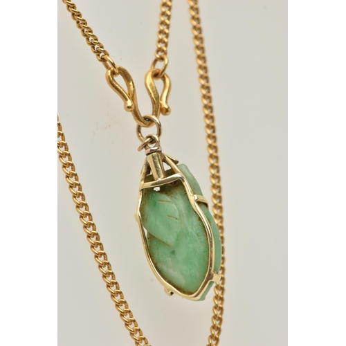 144 - A JADE PENDANT AND CHAIN, the pendant designed as a carved jade fruit in a claw mount, suspended fro... 