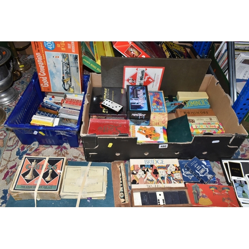 480 - A QUANTITY OF ASSORTED GAMES AND PUZZLES, sets of playing cards, dominoes, chess, draughts, Space Li... 