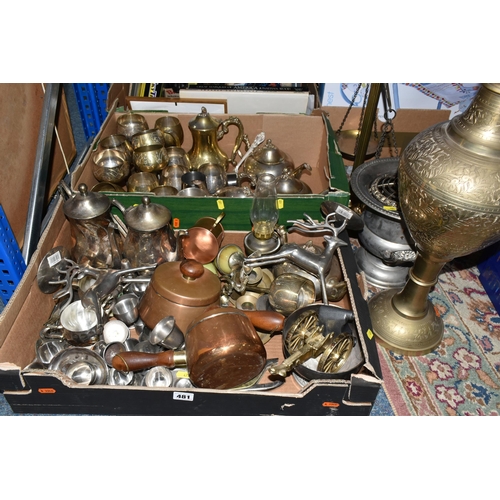 481 - TWO BOXES AND LOOSE METALWARE, to include a brass balance scale, tall vase, two chamber sticks, an E... 