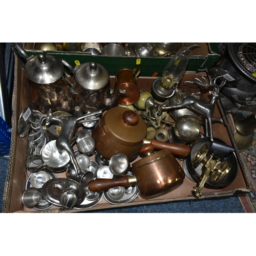 481 - TWO BOXES AND LOOSE METALWARE, to include a brass balance scale, tall vase, two chamber sticks, an E... 