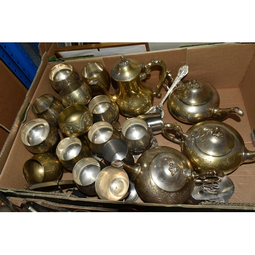 481 - TWO BOXES AND LOOSE METALWARE, to include a brass balance scale, tall vase, two chamber sticks, an E... 