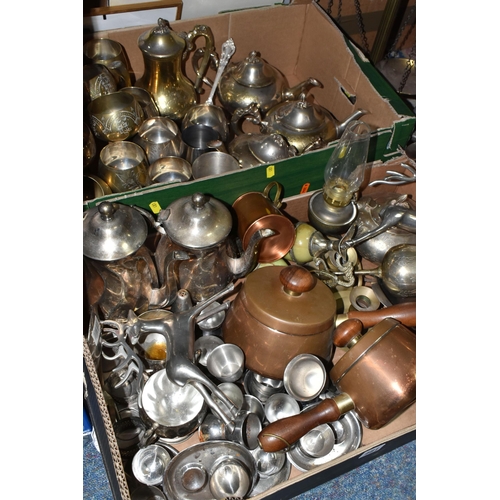 481 - TWO BOXES AND LOOSE METALWARE, to include a brass balance scale, tall vase, two chamber sticks, an E... 