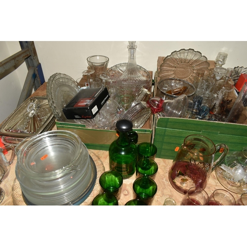 483 - SEVEN BOXES AND LOOSE GLASSWARE, including whisky glasses and decanter set, a mid-century gilt lemon... 