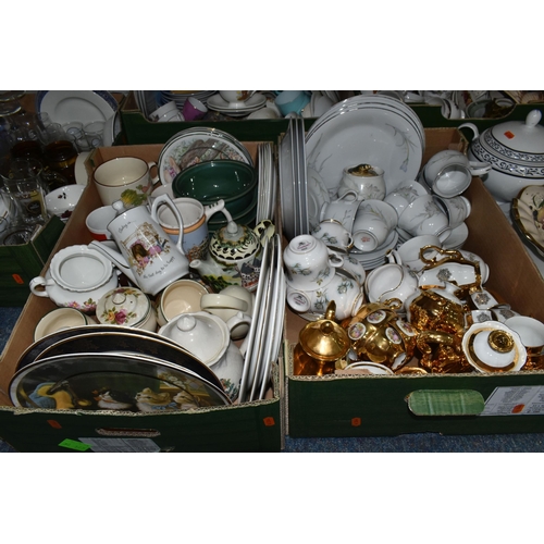 484 - SEVEN BOXES AND LOOSE KITCHENWARE, including Dorchester fine bone china floral tea cups and saucers ... 