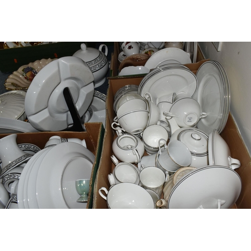 484 - SEVEN BOXES AND LOOSE KITCHENWARE, including Dorchester fine bone china floral tea cups and saucers ... 