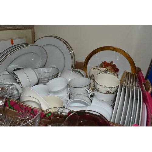 493 - THREE BOXES OF GLASSWARE AND CERAMICS, to include a Wedgwood blue Jasperware pedestal bowl, cut glas... 