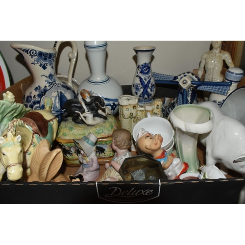 493 - THREE BOXES OF GLASSWARE AND CERAMICS, to include a Wedgwood blue Jasperware pedestal bowl, cut glas... 