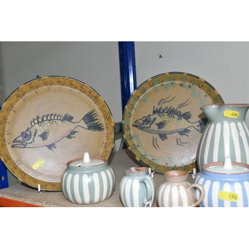 496 - A QUANTITY OF NAMED CERAMICS to include two Honiton plates with a fish design, a blue and white stri... 